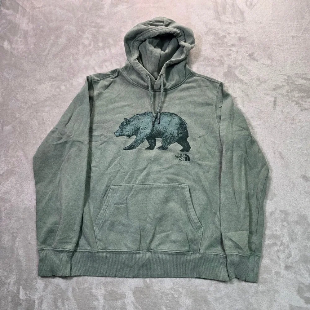 The North Face Mens Bear Graphic Hoodie Sage Green Fleece Sweatshirt Medium
